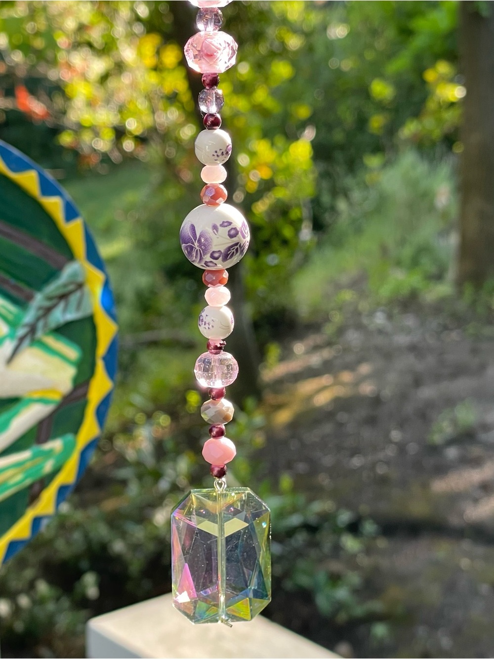 Handcrafted Pink & Purple Glass Beaded and Crystal Prism Sun-catcher, 23”